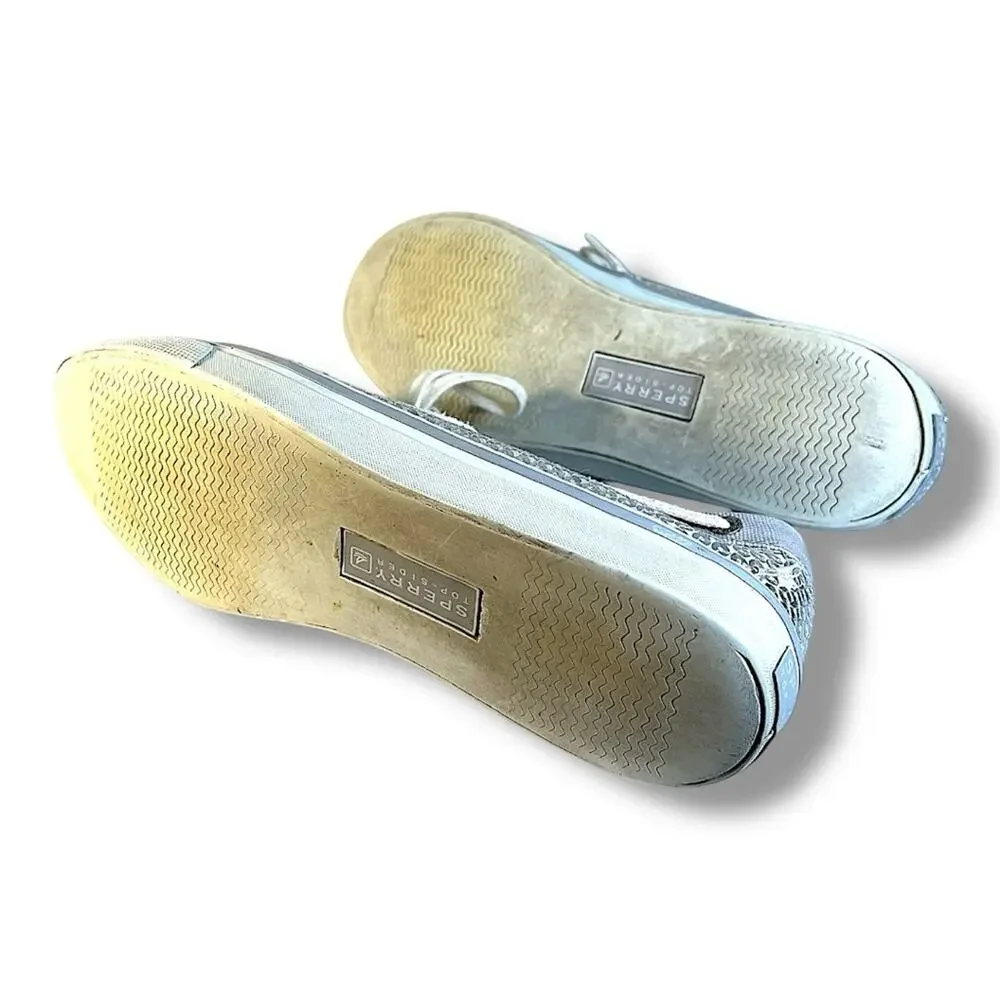 SPERRY TOP SIDERS Silver Sequin and Ivory or beige SZ 7.5